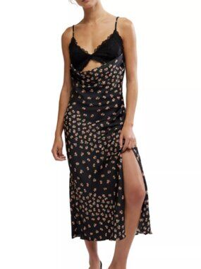 NWT Intimately Free People Floral Print CutOut Lace Trim Black Nightgown